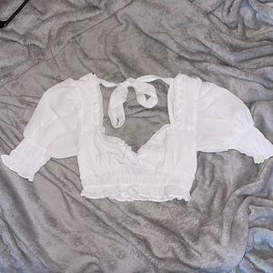 PRINCESS POLLY / WHITE RUFFLED DRESSY CROP TOP / TIE BACK / SIZE 2
